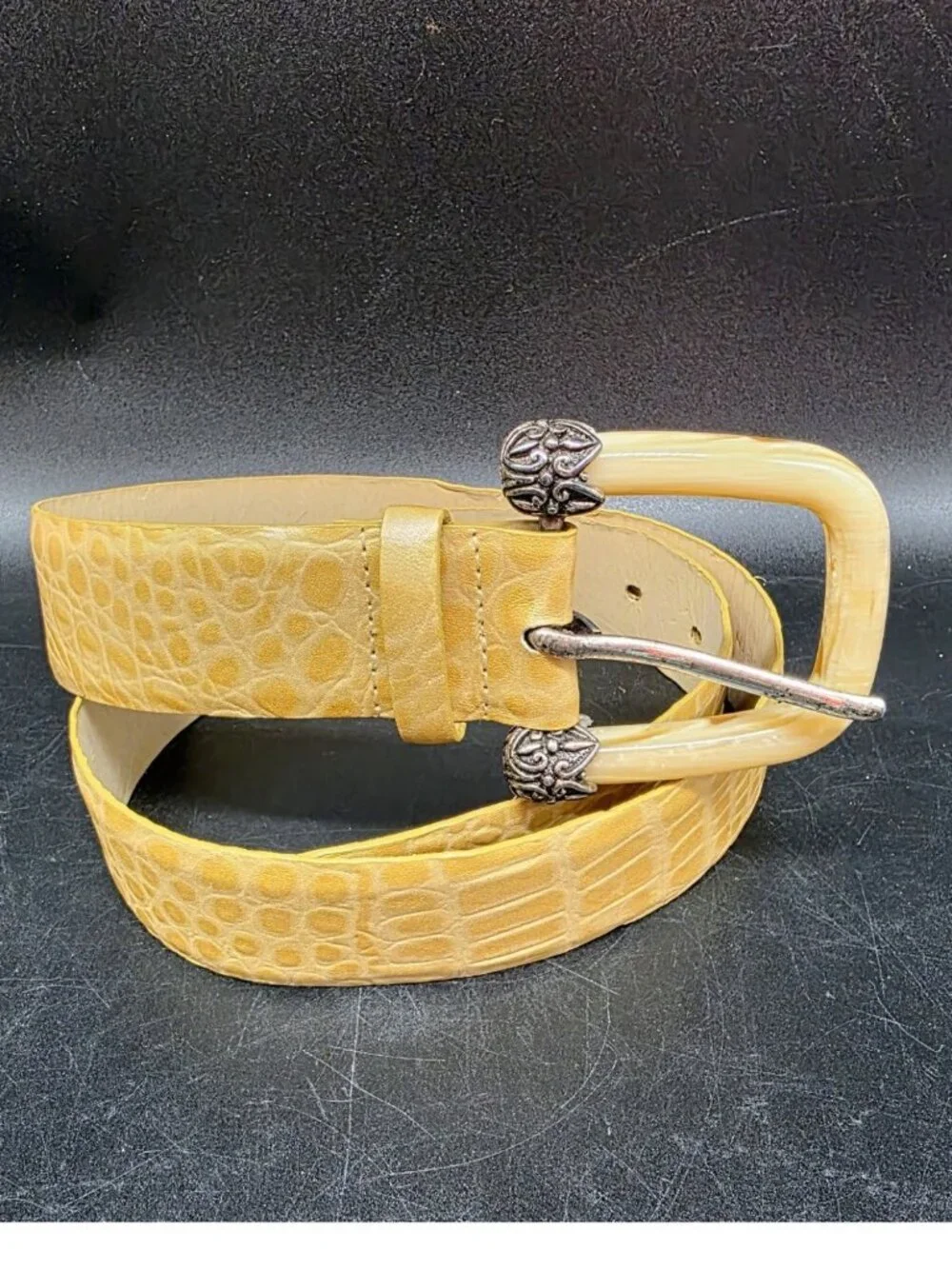 Sandy Duftler Vintage Embossed Crocodile Print Leather Belt #6373 Small Cowgirl